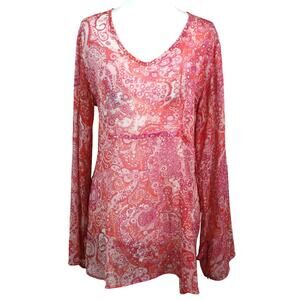 Vintage Y2K Pink Paisley Tunic Blouse Long Bell Sleeves Sheer Gauze Babydoll S